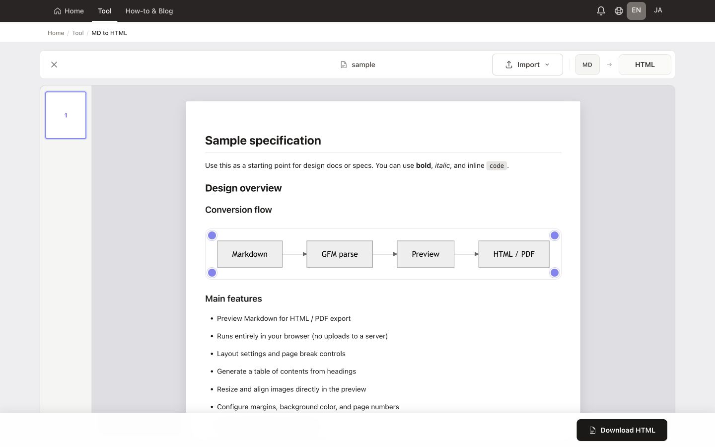 Convert Markdown to HTML — real conversion workspace with sample Markdown loaded
