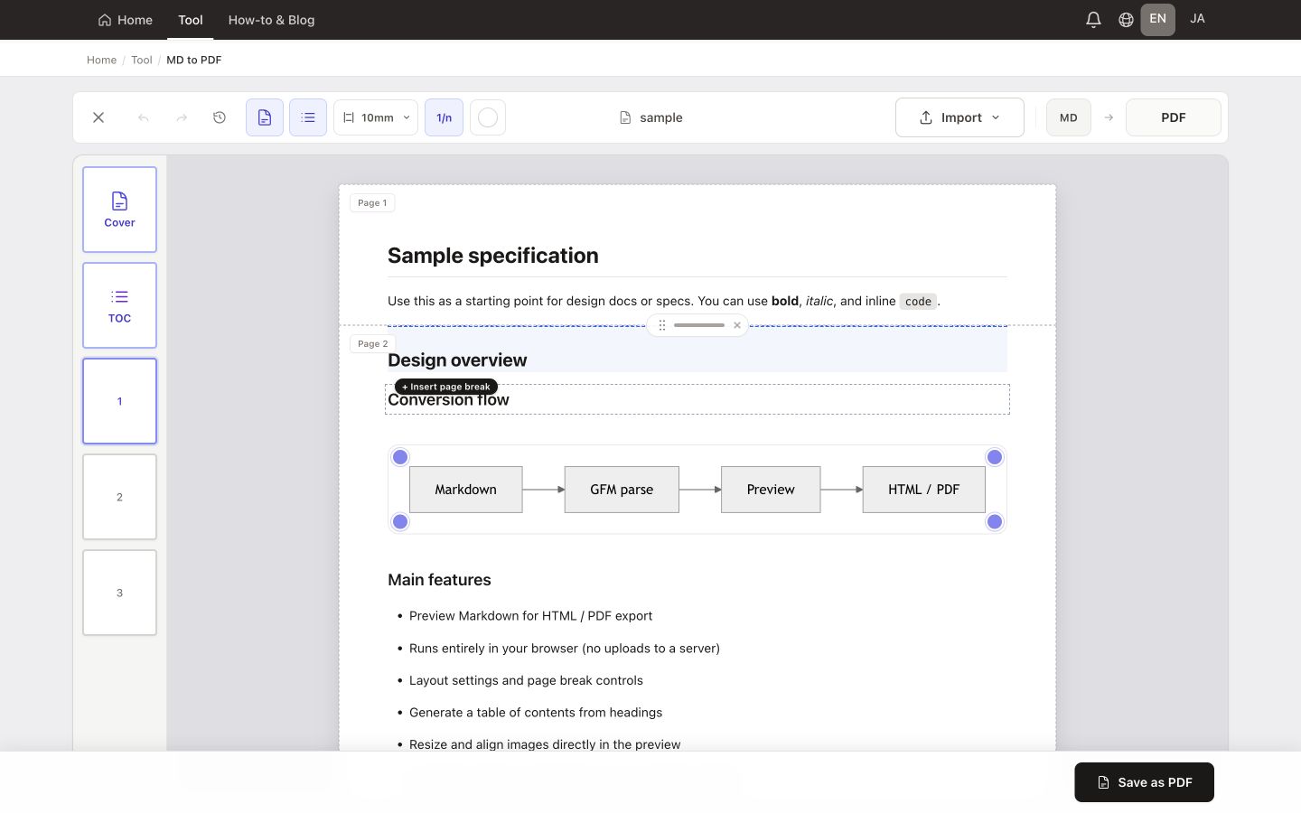 Convert Markdown to PDF — real conversion workspace with sample Markdown loaded