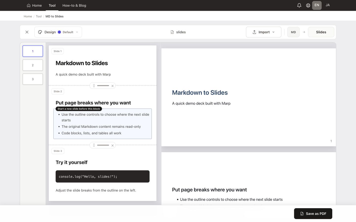 Convert Markdown to Slides with Marp — real conversion workspace with sample Markdown loaded