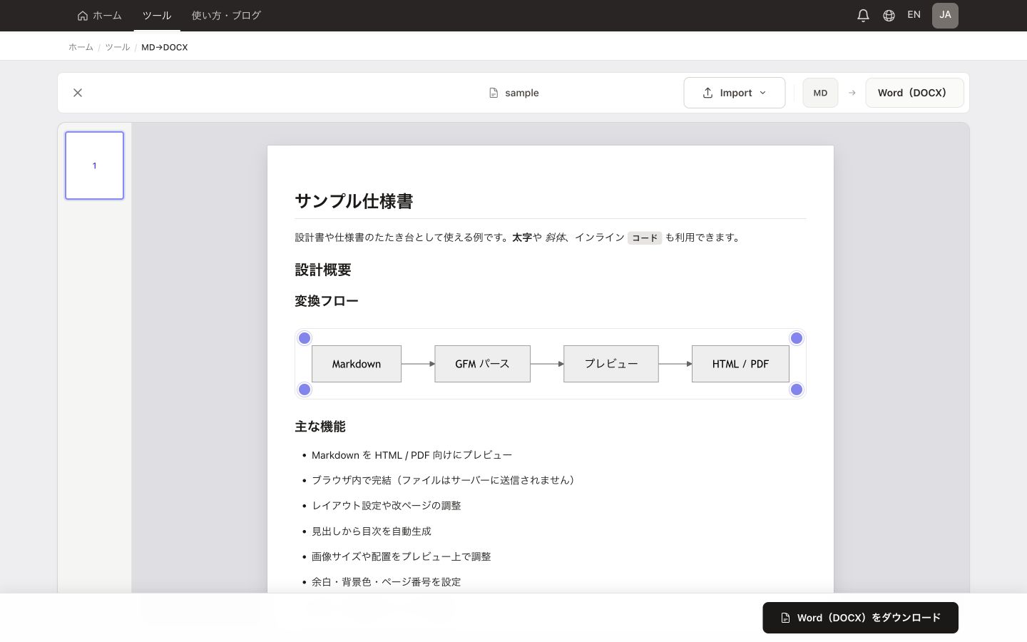 MarkdownをWord(DOCX)に変換 — サンプルを読み込んだ実際の変換画面